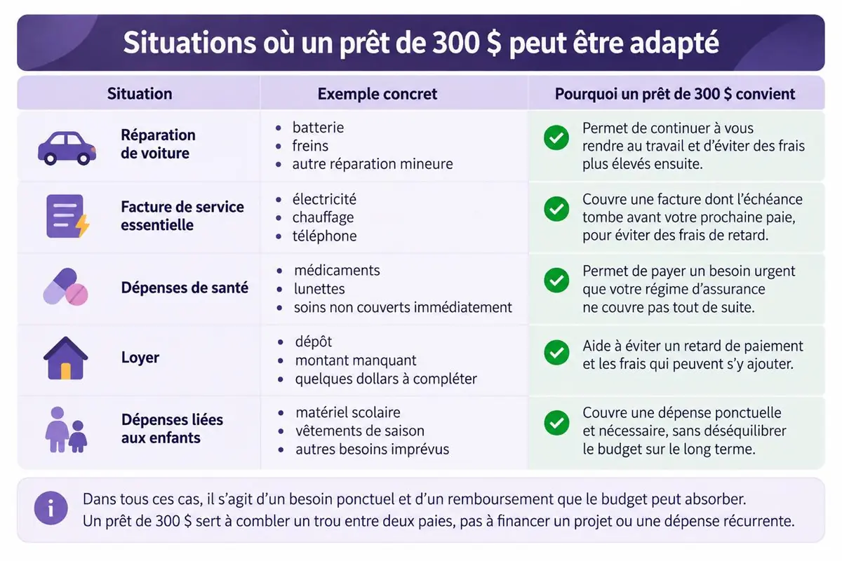 Situations où un prêt de 300 $ peut être adapté: réparation de voiture, facture de service essentielle, santé, loyer et enfants
