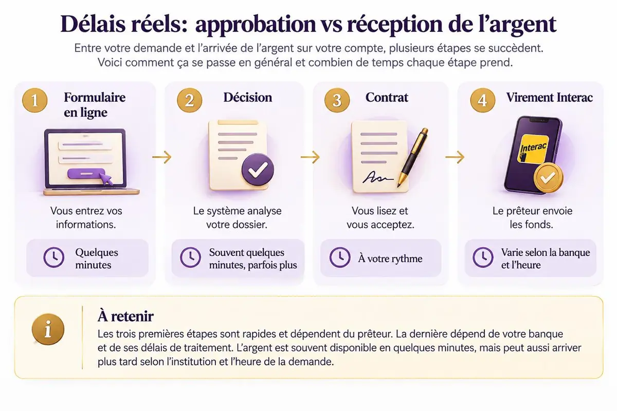 Les quatre étapes d'un prêt instantané, du formulaire en ligne au virement Interac, avec la durée habituelle de chaque étape